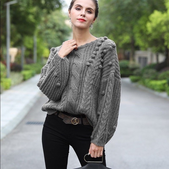 $ FIRM 🌷Black Cable Knit and Pom Pom Sweater - Picture 3 of 8